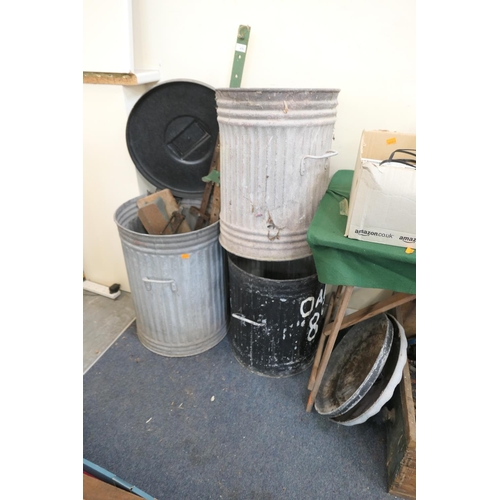 470 - Three galvanised bins and assorted contents including sash clamps