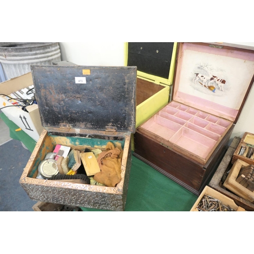 473 - Two wooden boxes, copper shoe cleaning box (3)