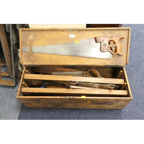 477 - Carpenter's tool chest with wood saws, smoothing plane, Sorby bow saw etc.
