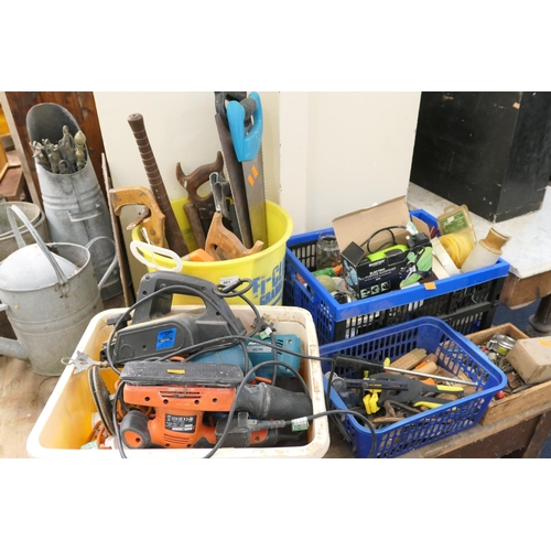 481 - Assorted power tools, hand saws, mixed hardware