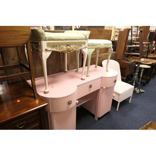 490 - White painted bedroom furniture comprising kneehole dressing table, two stools and Lloyd Loom style ... 