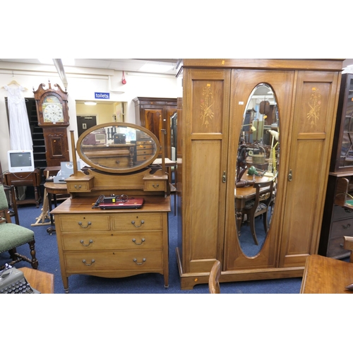 561 - Edwardian mahogany and inlaid two piece bedroom suite comprising mirrored wardrobe, width 138cm, hei... 