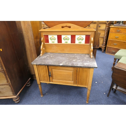 564 - Victorian satin walnut tile back washstand, width 91cm NB: The base is very much a/f