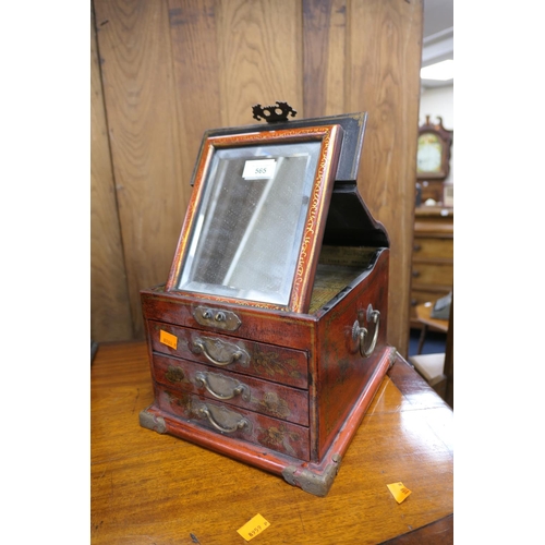 565 - Chinese red lacquered dressing table box with vanity mirror