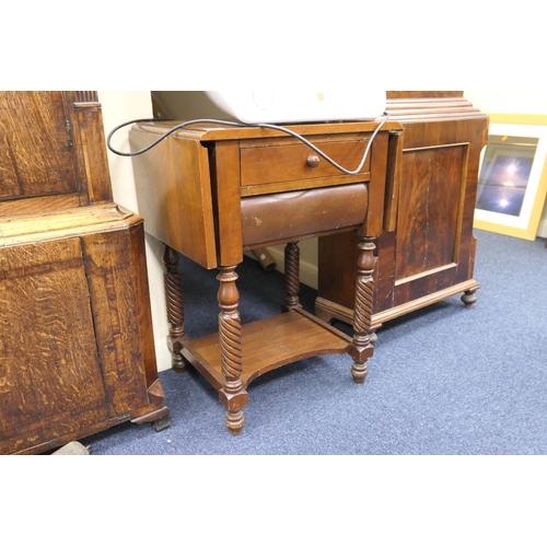 577 - Walnut drop leaf work table fitted with two drawers