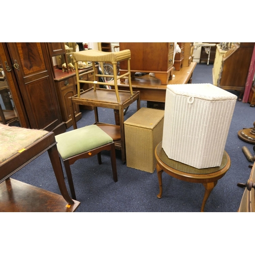 583 - Oak two tier tea trolley with removable trays, Lloyd Loom stool, two linen baskets, dressing stool, ... 