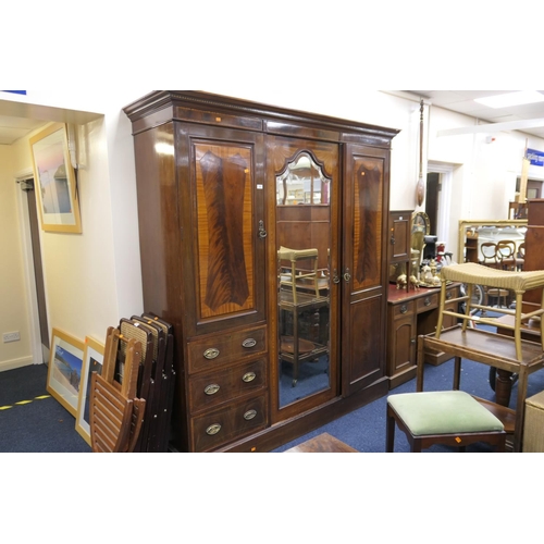 584 - Late Victorian Sheraton Revival mahogany and satin wood inlaid triple wardrobe, width 190cm, height ... 