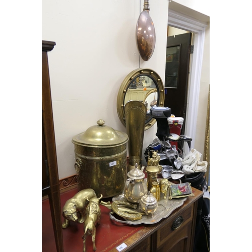 587 - Assorted ornamental brass and plated wares including a warming pan, gilt framed circular mirror