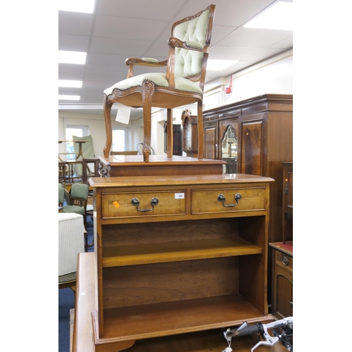 590 - Yew wood two drawer open bookcase and a French style beech and upholstered armchair (2)