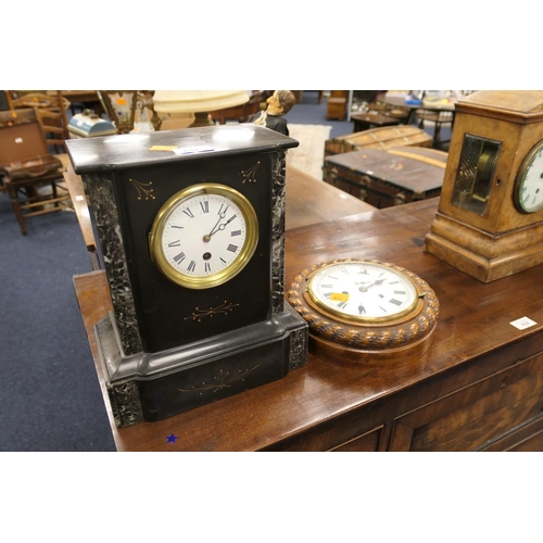 632 - Victorian polished slate mantel clock and a carved oak cased dial wall clock (2)