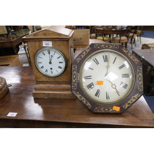 633 - Early 19th Century burr walnut fusee bracket style mantel timepiece with key and pendulum, height 33... 