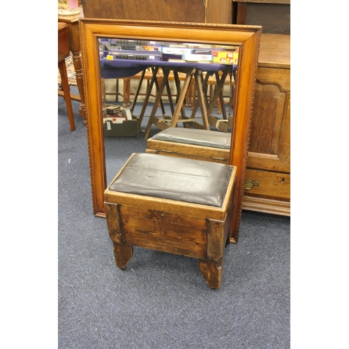 635 - Modern wooden framed bevelled glass wall mirror and a primitive style box stool (2)