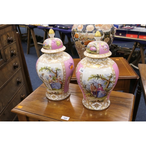 638 - Pair of Dresden gilded pink ground lidded vases (a/f), height 38cm