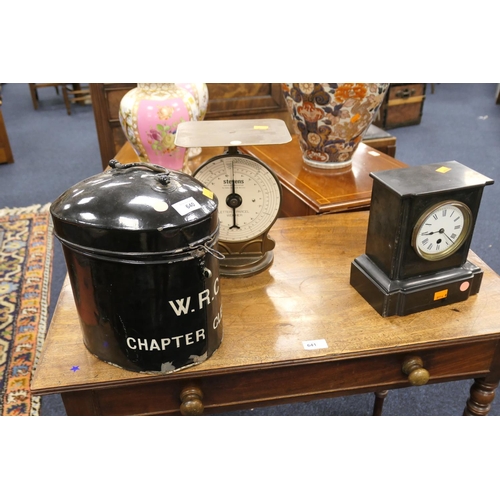 640 - Victorian polished slate mantel timepiece; also a Toleware wig case and a Stevens Letter & Parcel sc... 