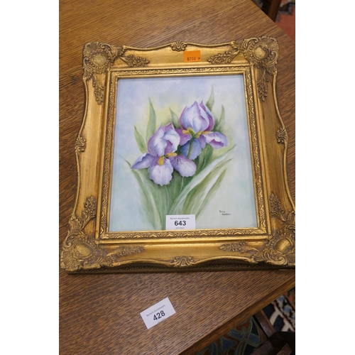 643 - Gilt framed signed porcelain floral plaque of irises