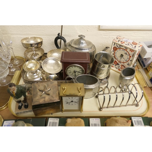 32 - Mix of silver plated wares including rectangular galleried serving tray, teapot, coffee pot, toast r... 