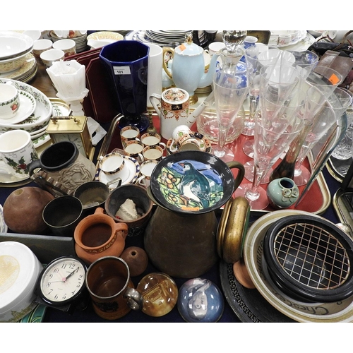 101 - Mixed Edwardian coffee wares, pedestal mounted cocktail glasses, copper water jug, silver plated cup... 