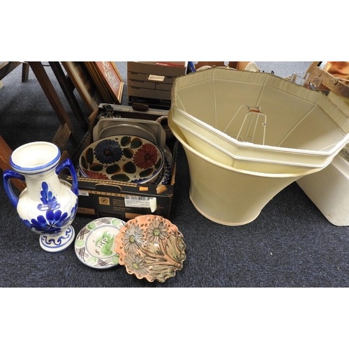 105 - Box of Mediterranean pottery and two lampshades