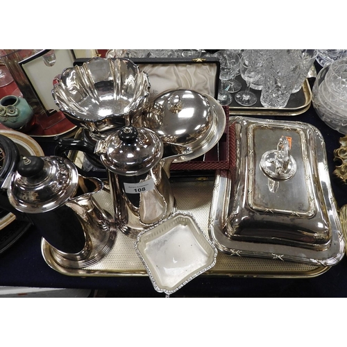 108 - Mix of silver plated wares including two coffee pots, tureen, muffin dish, pedestal mounted bowl on ... 