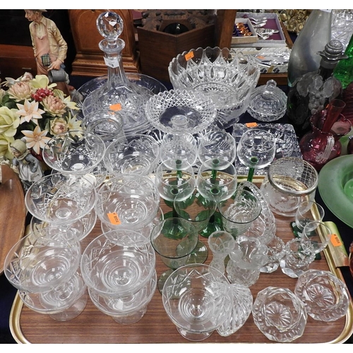 118 - Mixed glassware including ship's decanter, fruit bowls, pedestal mounted bonbon dish, heavy based Ed... 