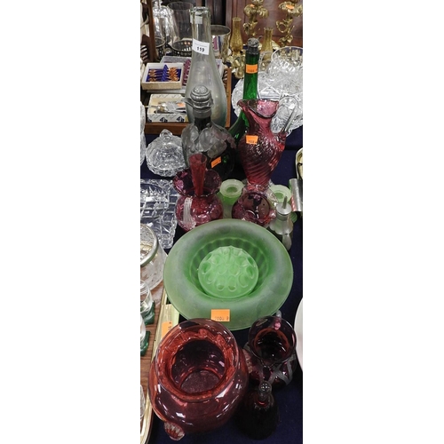 119 - Mixed coloured glassware including cranberry ewer, cranberry coloured bowl, several pieces of green ... 