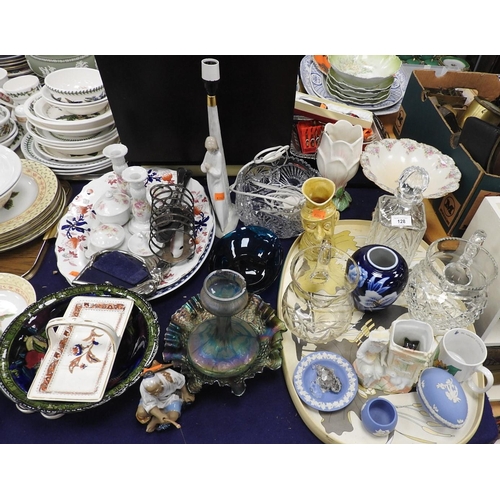 128 - Japanese blue ground and glazed vase, two serving plates, Rubens ware blue ground bowl, Spode single... 