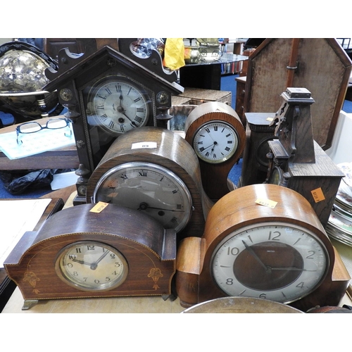 89 - Mixed oak mahogany and inlaid mantel clocks for spares or repair (7)