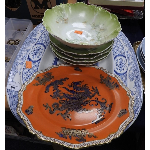 96 - Two blue and white meat plates including Old Chelsea, Masons Dragon pattern plate and a green ground... 