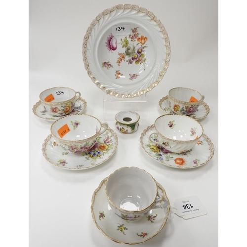 134 - Five Dresden porcelain cups and saucers decorated with Deutsche Blumen; also a Dresden inkwell (7)