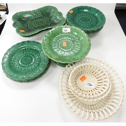 136 - Wedgwood cabbage leaf green glazed serving dishes, Wedgwood comport and serving plates, and three We... 