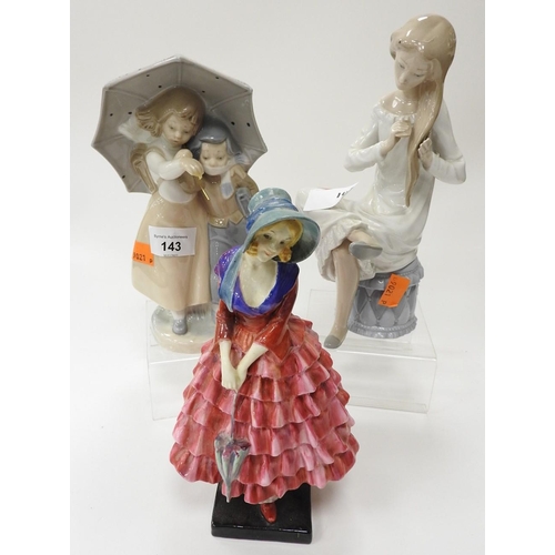 143 - Royal Doulton figure 'Priscilla' HN1340 (af), also a Nao figure of a young lady seated and a Nao sty... 