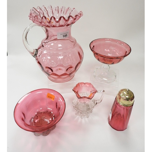 145 - Attractive cranberry glass water jug with frilled edge, also a cranberry glass bonbon dish on raised... 