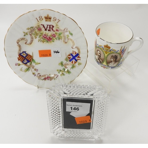 146 - Small Waterford glass desk mounted picture frame, also a Queen Victoria jubilee plate, dated 1897 an... 