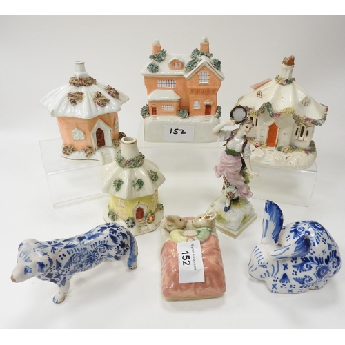 152 - Three Victorian cottage pastille burners, also a continental figurine, a delft rabbit and dog figure... 