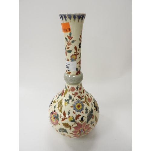 156 - Hungarian floral decorated bulbous bottle vase, probably Zsolnay (af)