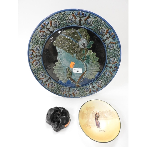 158 - Continental majolica glazed plaque, also a Royal Doulton Shylock bowl, and a Doulton stem holder (3)