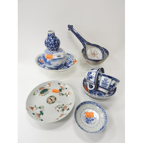 168 - Assorted and modern Oriental porcelains including a double gourd vase and famille rose saucer (12)