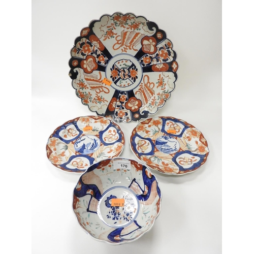 170 - Small imari charger, also two imari plates and an imari bowl (4)