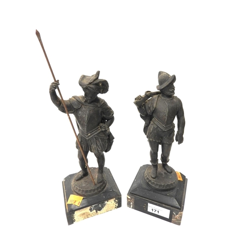 171 - Two spelter figures in Medieval style, on slate finish bases (one base af)