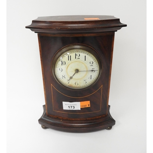 173 - Mahogany cased and inlaid mantel clock, raised on ball feet, with key