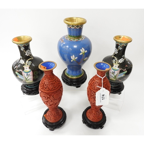 174 - Pair of cinnabar lacquered vases, also a pair of black ground cloisonne vases and a blue ground cloi... 