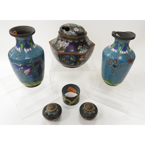 182 - A small selection of cloisonné wares including black ground floral pot pourri, a pair of small blue ... 