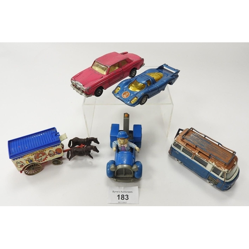 183 - Vintage used diecast Corgi vehicles including a Commer bus, Bentley series ST, Porsche 917 and a pic... 