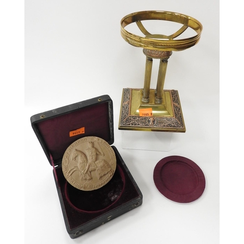 191 - French commemorative seal in a fitted box, also a brass four column stand with copper embellishment ... 