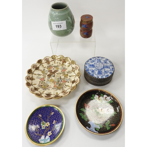 193 - Attractive Japanese Satsuma small plate, Meiji 1868-1912; also small celadon vase, three small piece... 