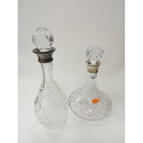 208 - Silver topped ship's decanter, Sheffield 1989, also a silver topped claret decanter, Birmingham hall... 