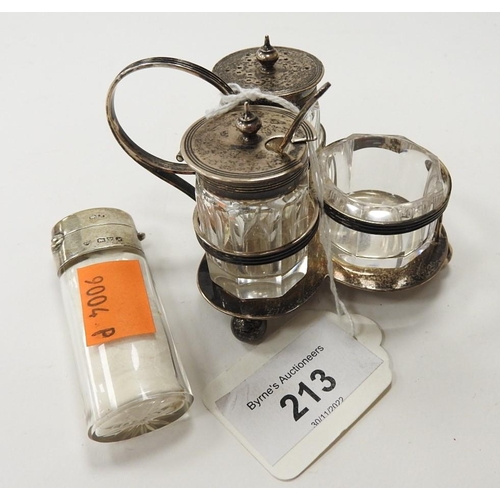 213 - Silver cruet set on ball feet, also a silver rimmed scent vial with Chester hallmarks (2)