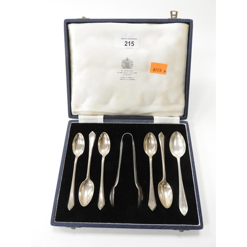 215 - Set of five silver teaspoons with sugar tongs by Mappin & Webb, weight approx. 99g, also one silver ... 