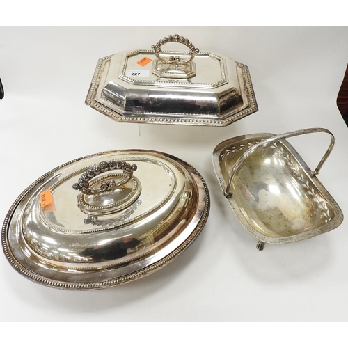 227 - Octagonal silver plated tureen, also an oval silver plated tureen and a swing handled fruit basket (... 