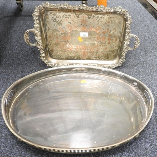 229 - Large silver plated oval galleried serving tray, 60cm, also a heavy silver plated on copper twin han... 